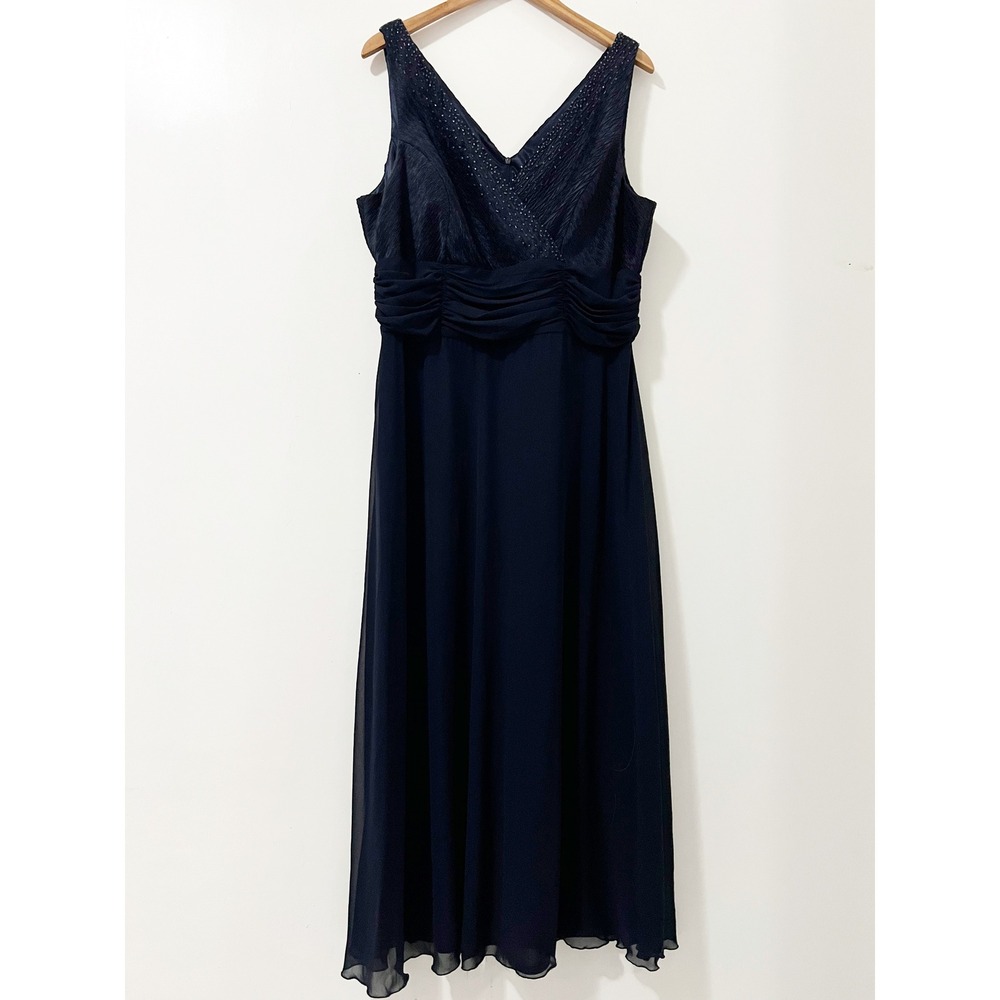 Nox Anabel Womens 2X Navy Blue Beaded Ruched V-Neck Chiffon Evening Gown‎ Dress